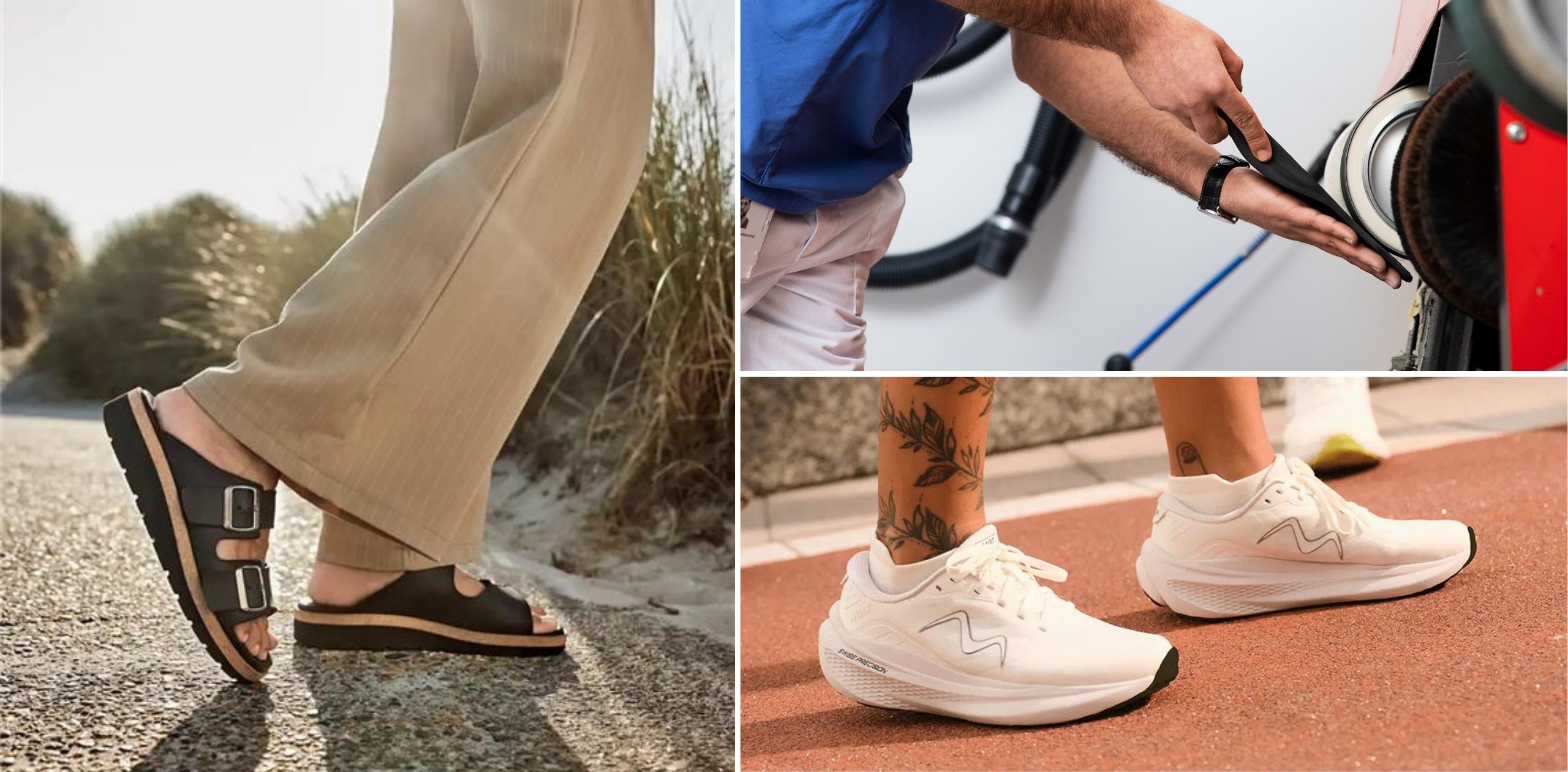 Tre bilder av skor: till vänster en kvinna vid en strand som bär svarta sandaler från New Feet, uppe till höger en person som tillverkar sulor vid en maskin, och nere till höger ett par vita MBT-sneakers på en löparbana.