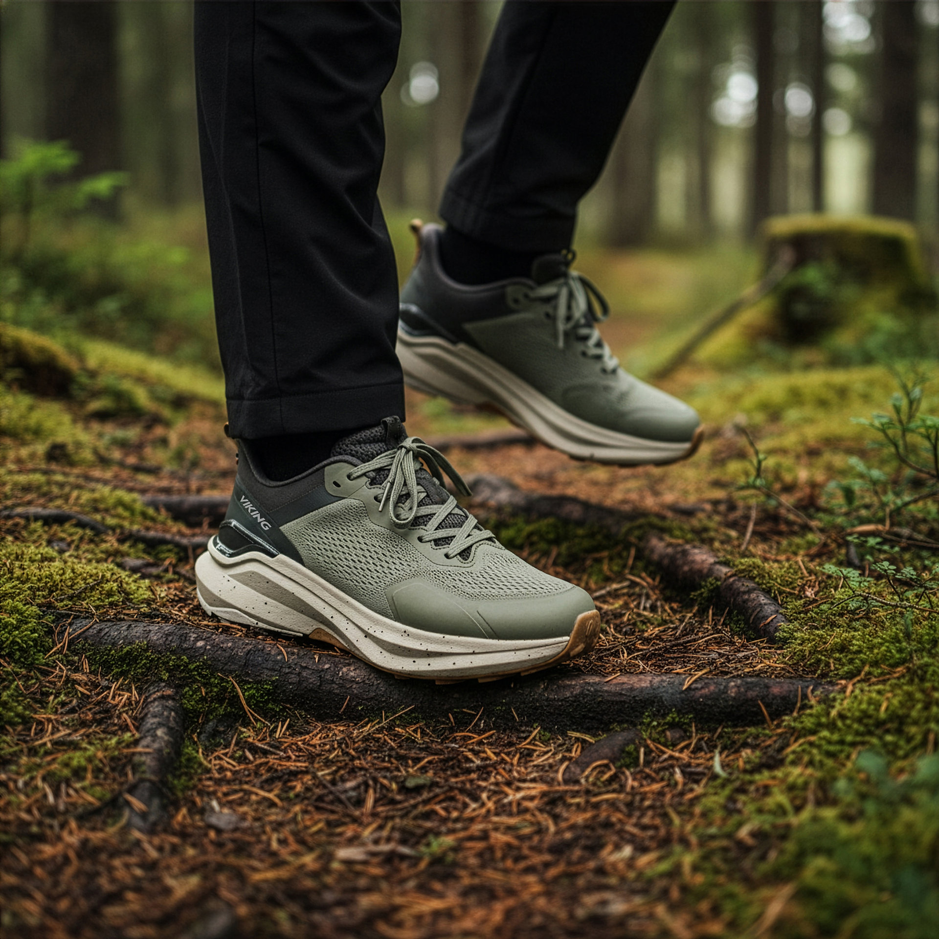 Viking Her Boost WP Olive Women på en skogsstig.